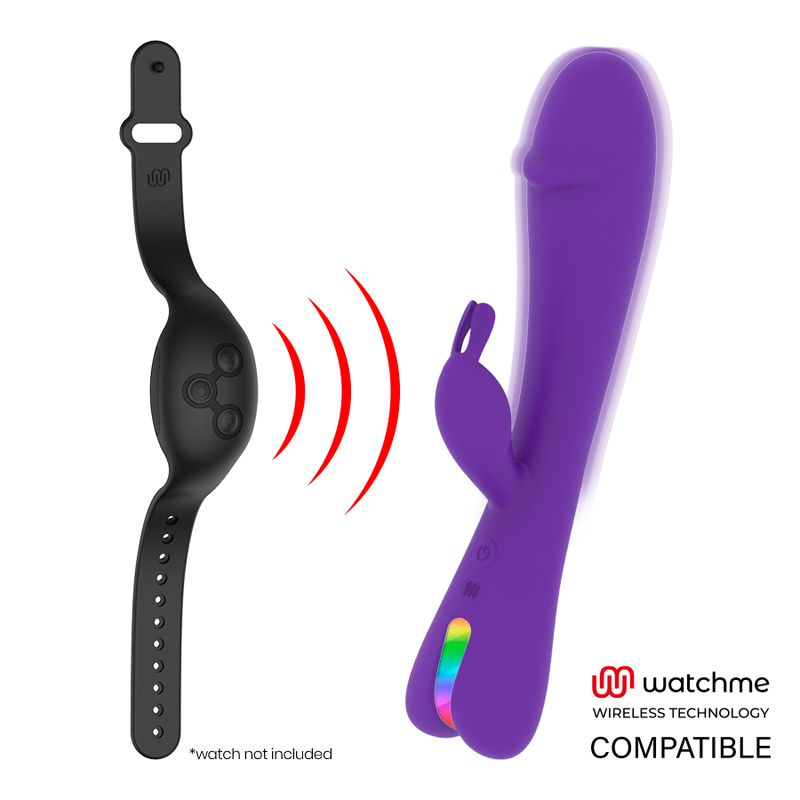 Ein violetter Stimulator mit einem Armband und Funkwellen. Watchme Wireless Technology kompatibel. Hinweis: Uhr nicht enthalten.