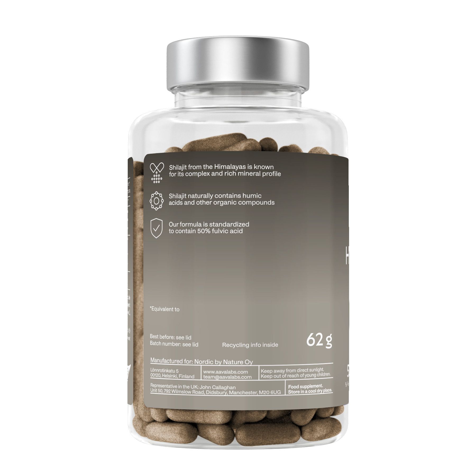 Rückseite einer Flasche mit braunen Kapseln. Etikett mit Informationen über Shilajit und Inhaltsstoffe.