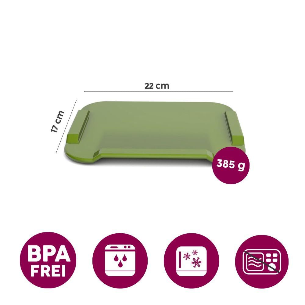 Grünes Essbrettchen mit Maßen 22 x 17 cm und Gewicht 385 g. BPA-frei. Symbole für Spülmaschine, Gefrierschrank und Mikrowelle.