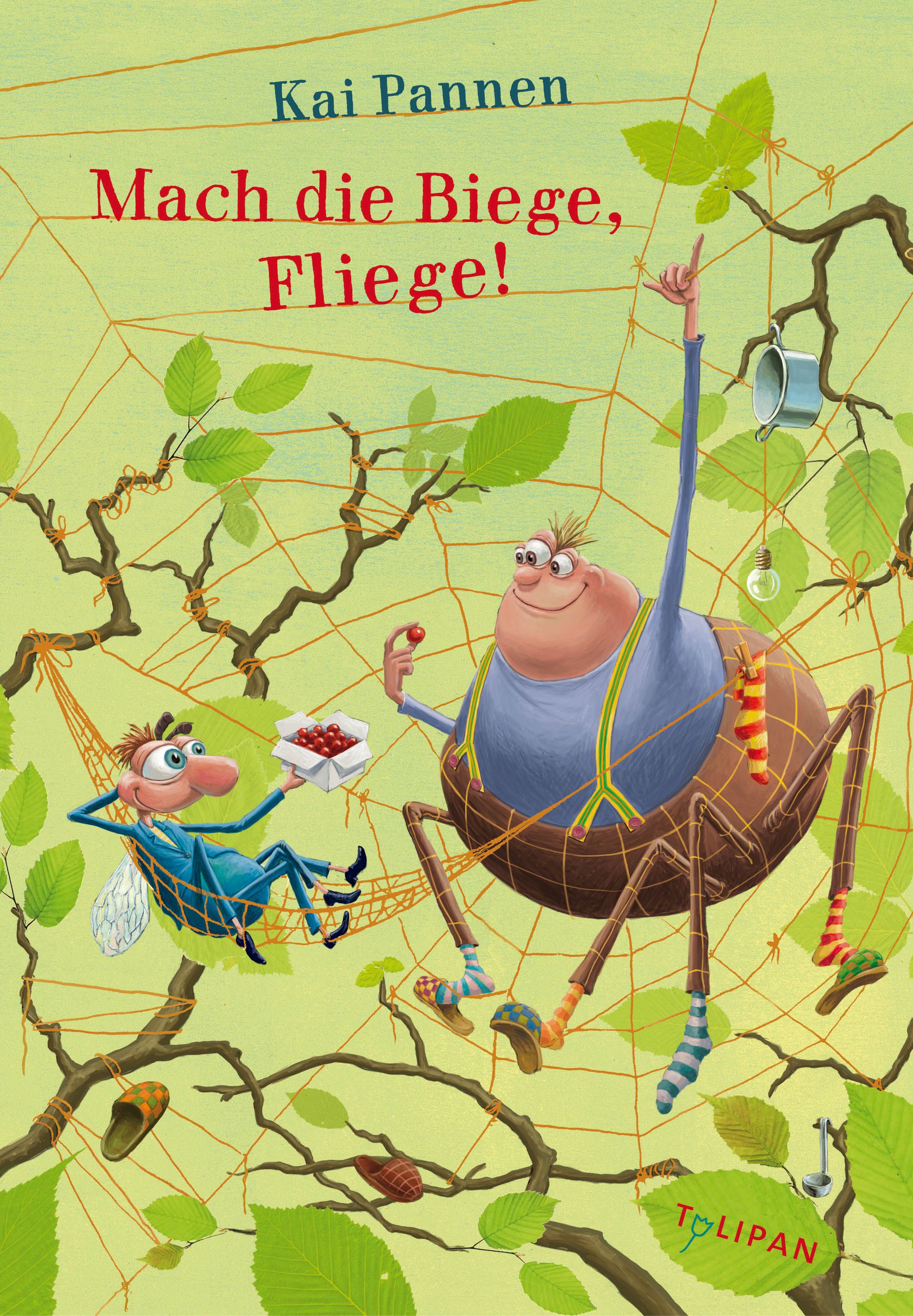 Buchcover mit Titel "Mach die Biege, Fliege!". Autor Kai Pannen. Illustration: Spinne und Fliege in Netz, umgeben von Blättern.