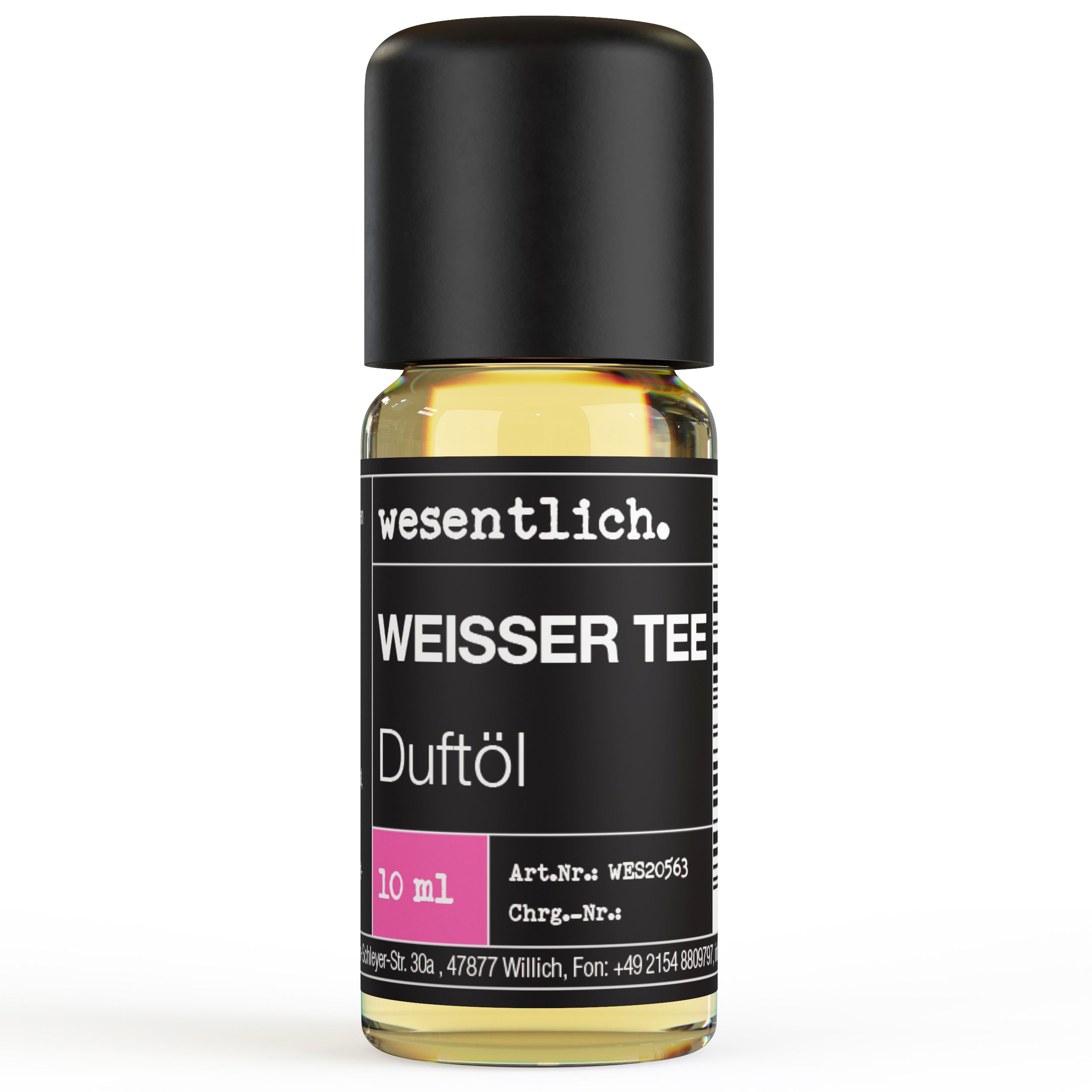 Kleine Glasflasche mit schwarzem Deckel. Aufschrift: wesentlich, WEISSER TEE, Duftöl. Rosa Etikett mit 10 ml.
