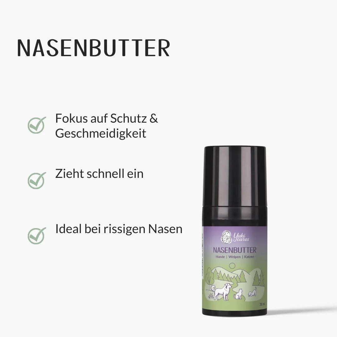 Nasenbutter-Tiegel mit Text: Fokus auf Schutz & Geschmeidigkeit, zieht schnell ein, ideal bei rissigen Nasen. Grüne Häkchen.