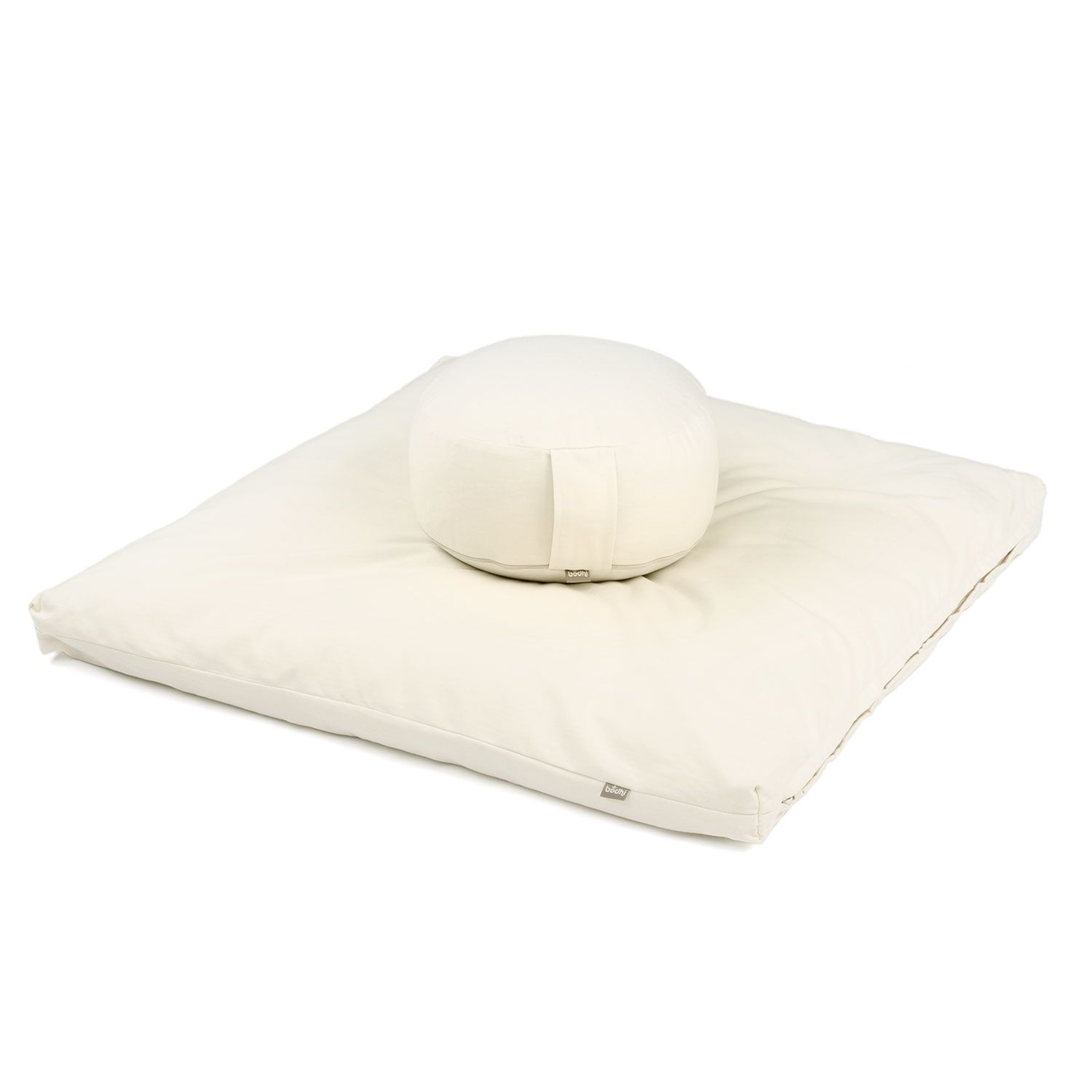 Beige Meditationskissen RONDO ECO und Zabuton. Rundes Kissen mit Trageschlaufe auf quadratischem Kissen.
