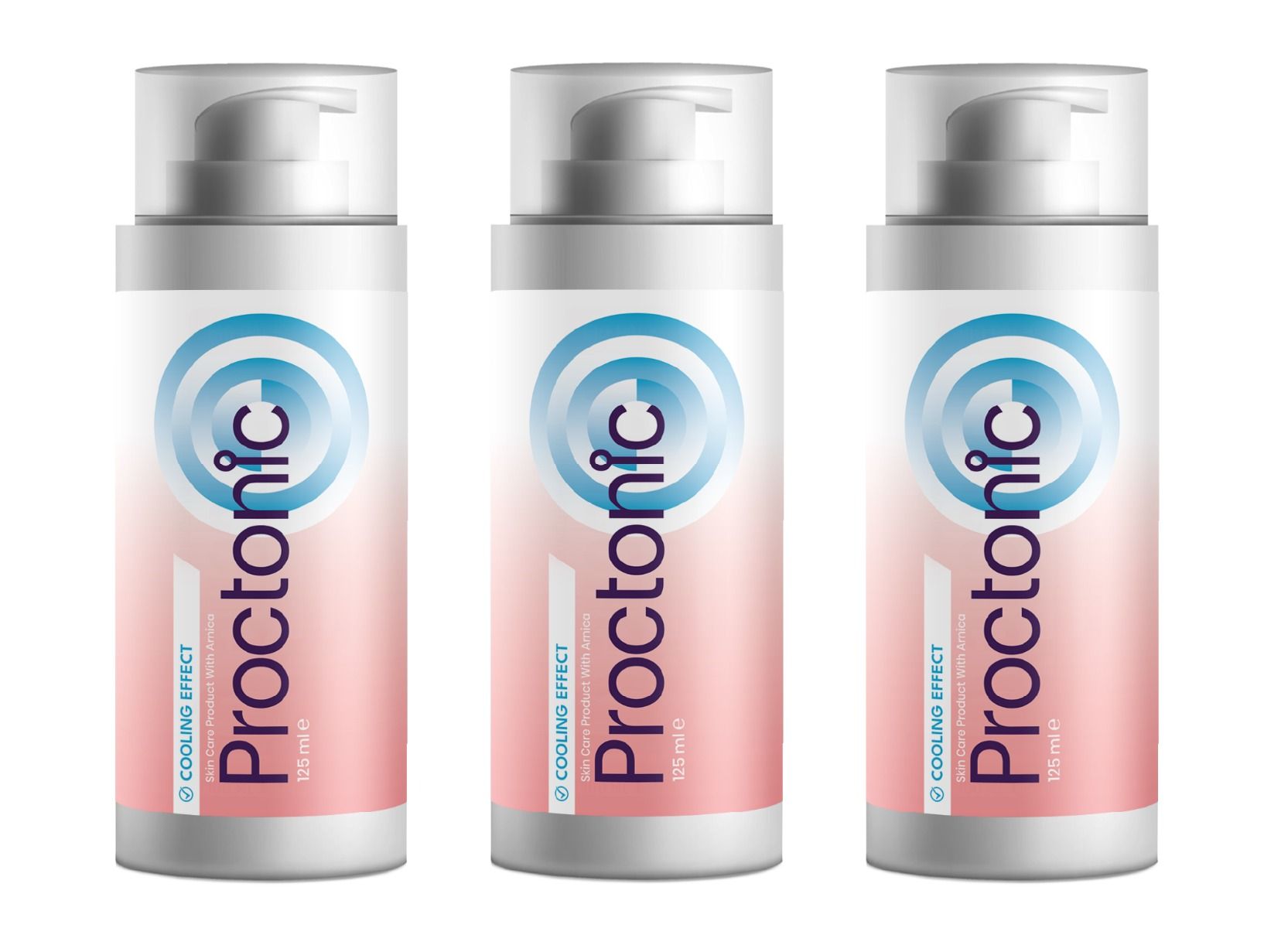 Drei identische Flaschen mit Sprühkopf. Aufschrift Proctonic und Logo. Rosa-weiße Farbgebung.