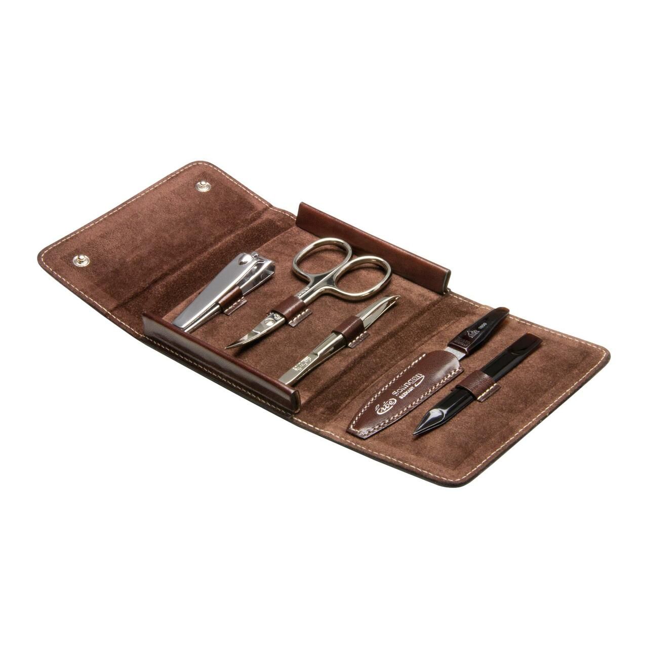 Braunes Lederetui mit Maniküre-Set: Nagelknipser, Schere, Pinzette, Nagelhautschieber und Nagelknipser.