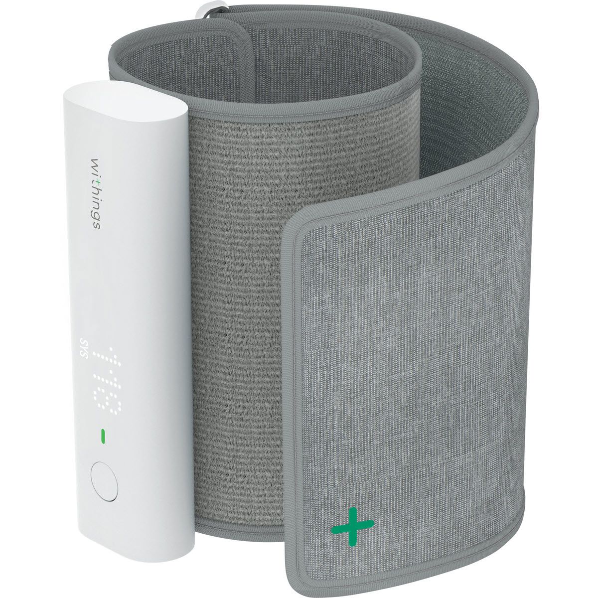 Blutdruckmessgerät, grau. Mit weißem Display, grüner Plus-Markierung und Withings-Logo. Zeigt Messwerte an.