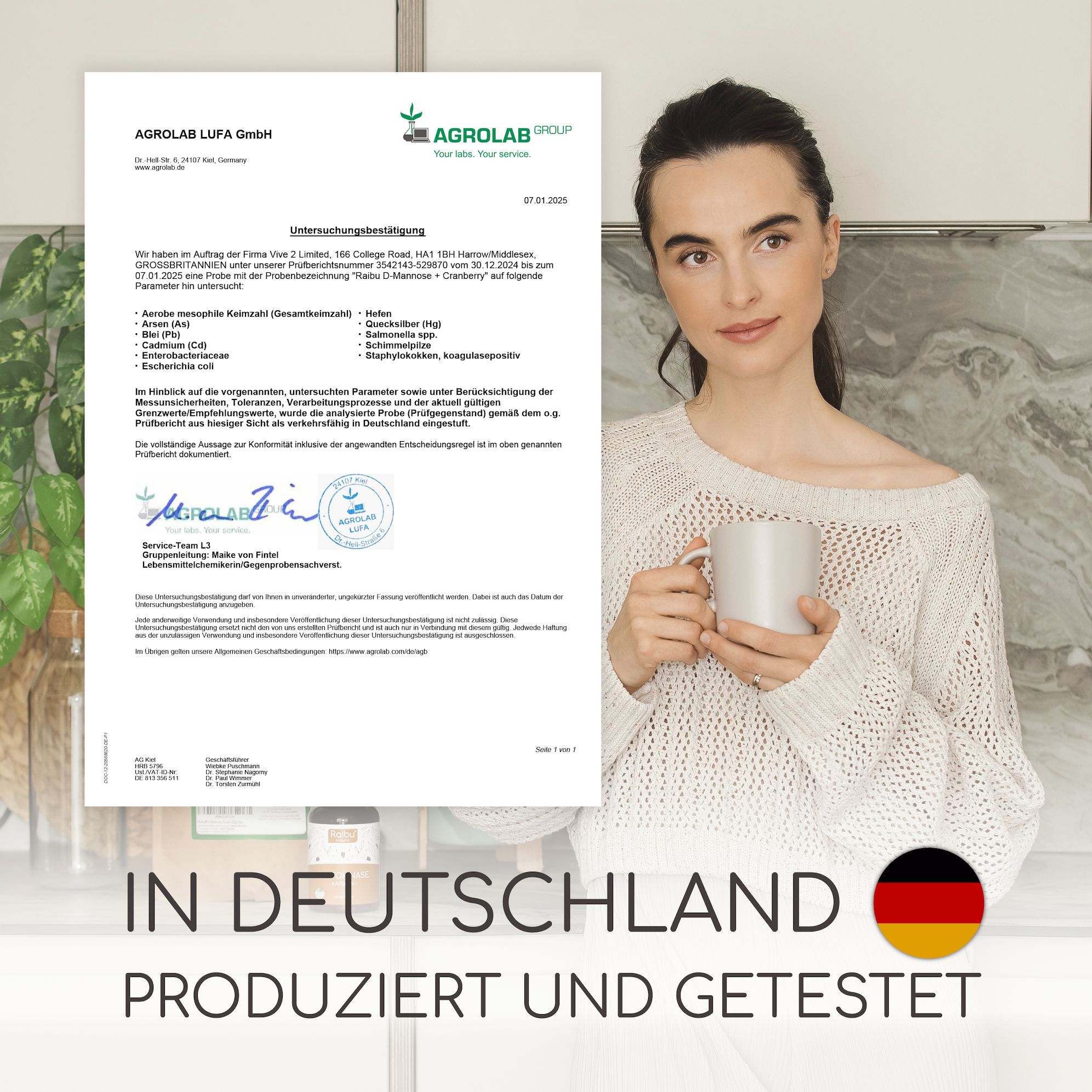 Zertifikat von Agrolab LUFA GmbH. Text: IN DEUTSCHLAND PRODUZIERT UND GETESTET. Frau hält eine Tasse.