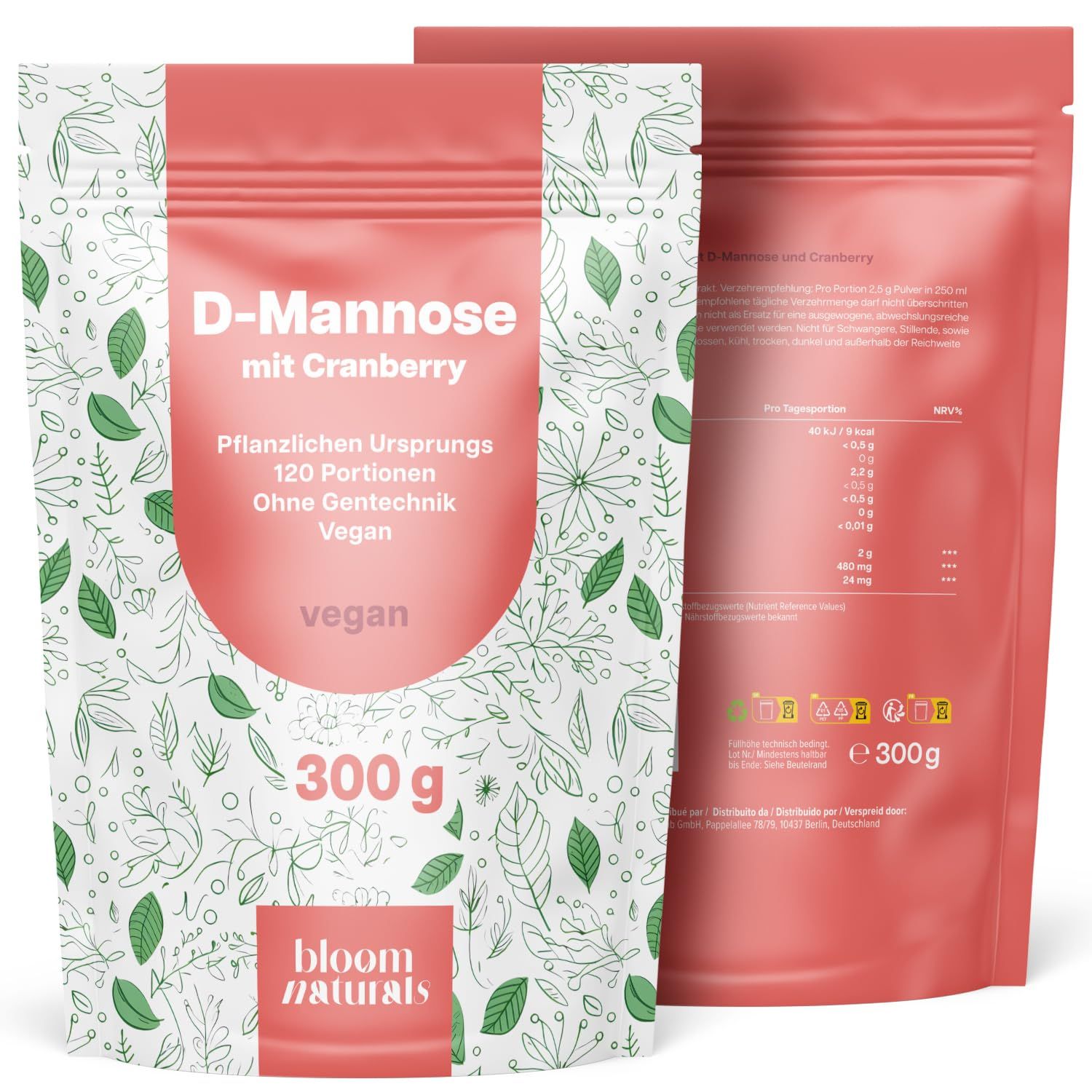 Bloom Naturals D-Mannose Cranberry Pulver 300 g