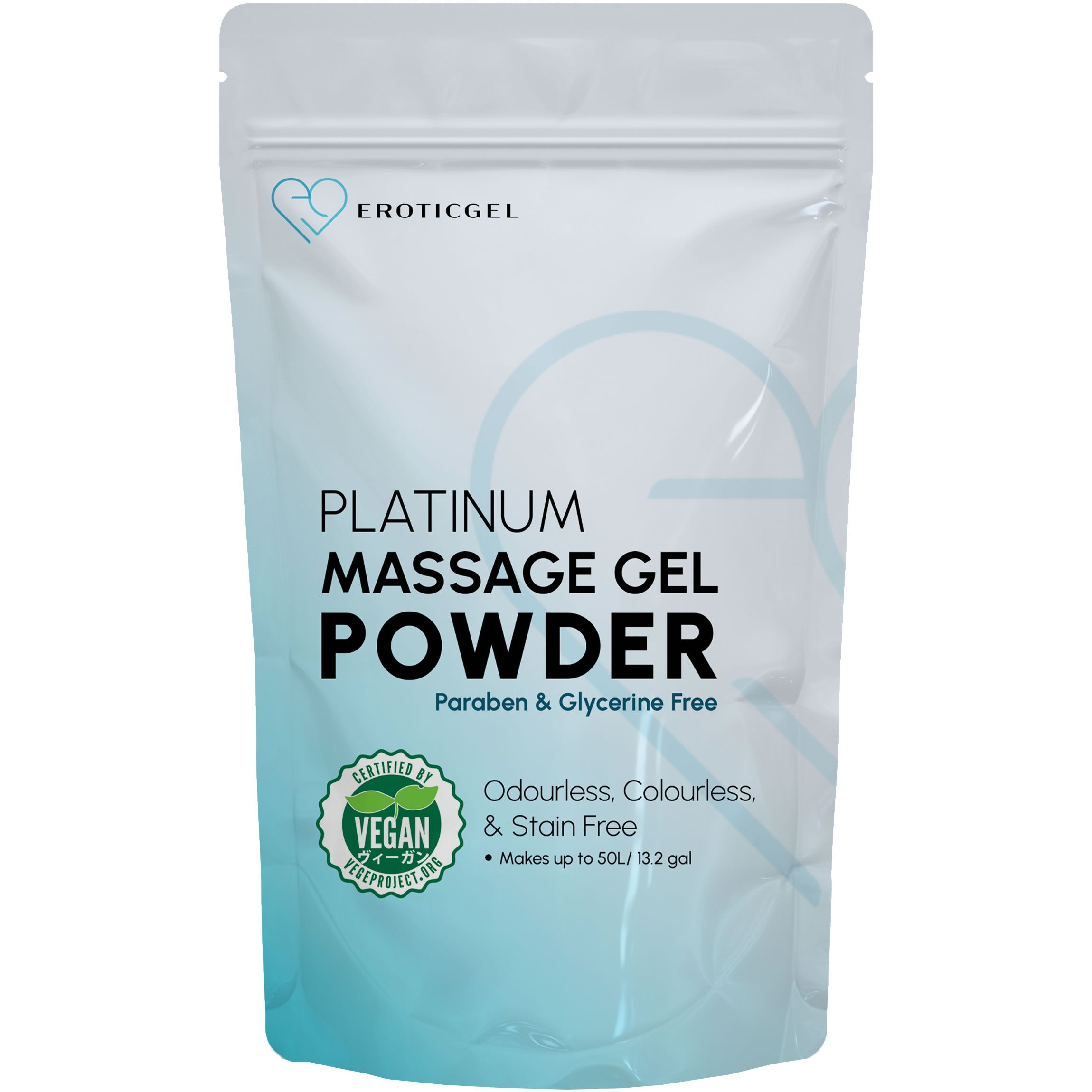 Erotigcel Platinum Massage Gel Powder Beutel, paraben- und glycerinfrei, geruchlos, farblos und fleckenfrei.