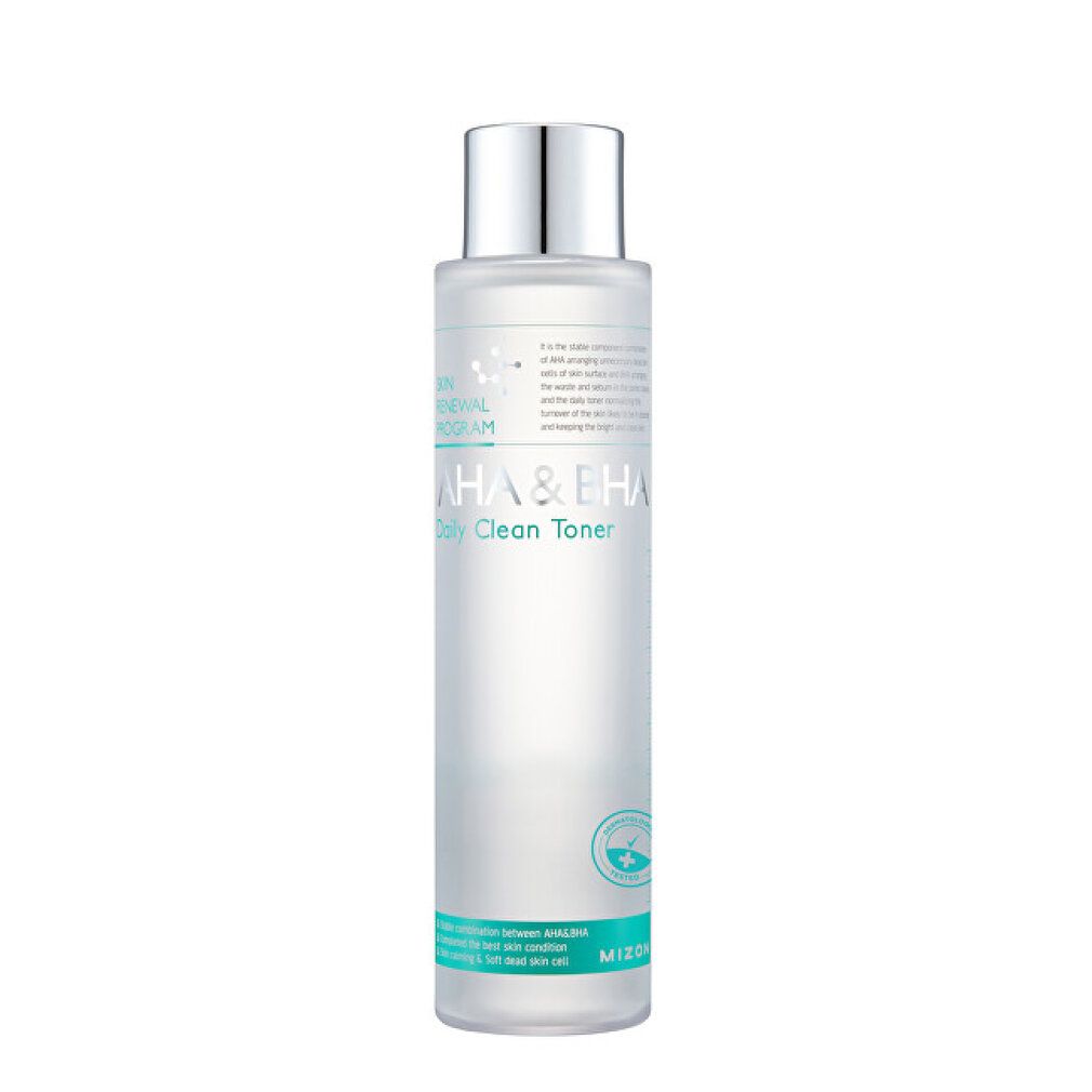 MIZON AHA & BHA Daily Clean Toner in klarer Flasche mit silbernem Verschluss, auf weißem Hintergrund.