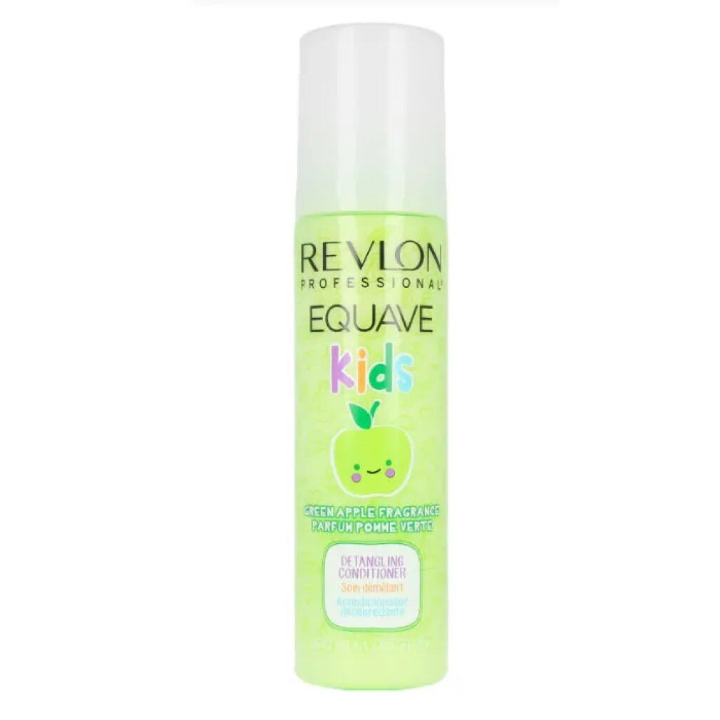 Grüne Flasche mit weißem Deckel. Aufschrift: Revlon Equave Kids, Apfel-Duft, Detangling Conditioner.