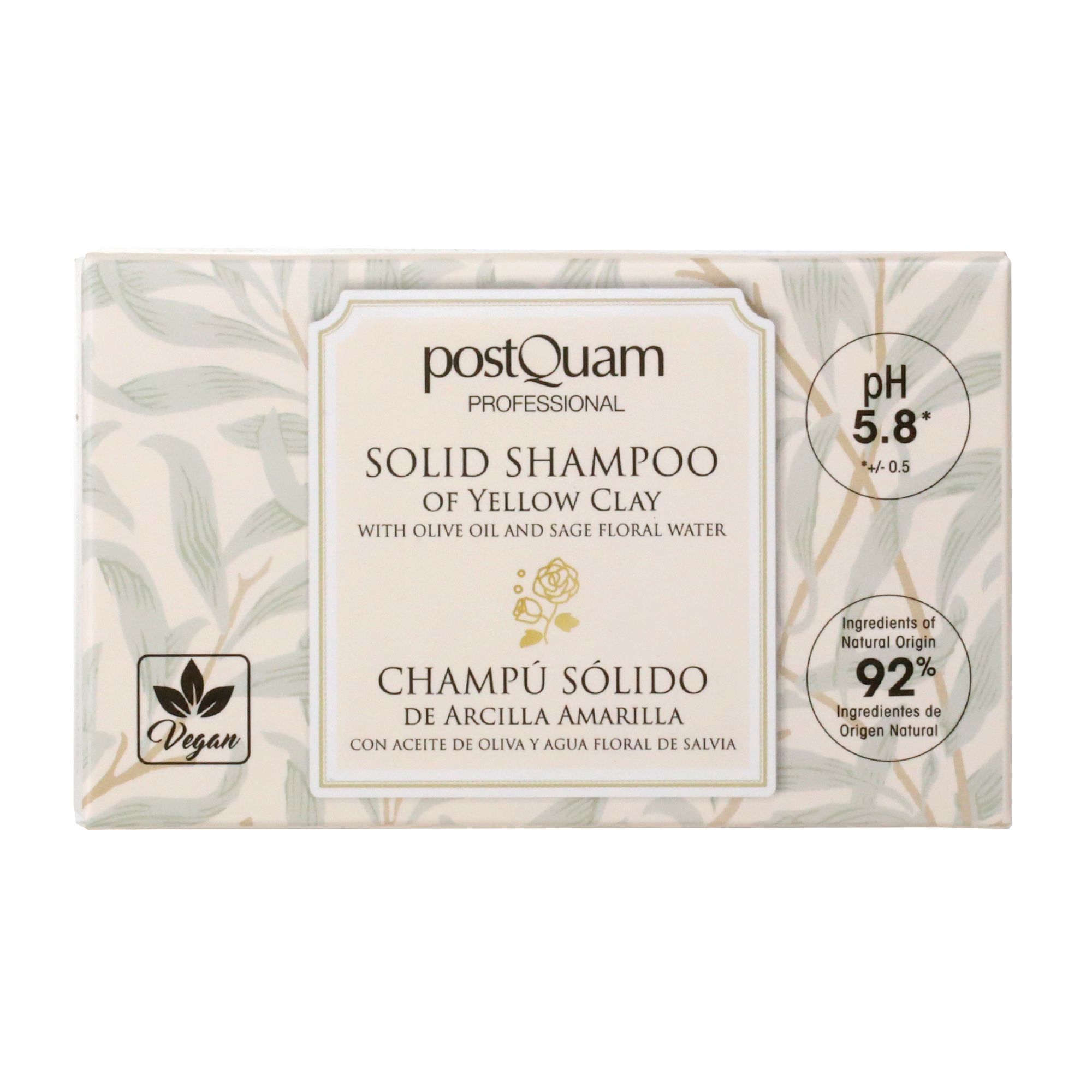Verpackung für festes Shampoo mit gelbem Ton. Aufschrift: Postquam, Champú Sólido, pH 5.8, 92% Inhaltsstoffe natürlichen Ursprungs, vegan.
