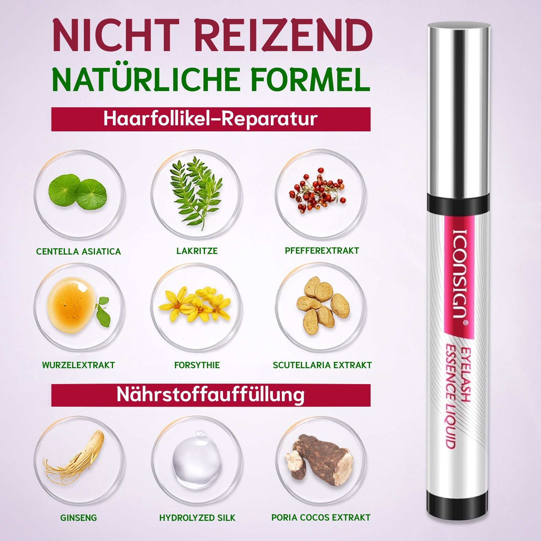 Serum-Fläschchen und Verpackung. Auf der Verpackung steht "Iconsign". Auf dem Fläschchen steht "Eyelash Essence Liquid".