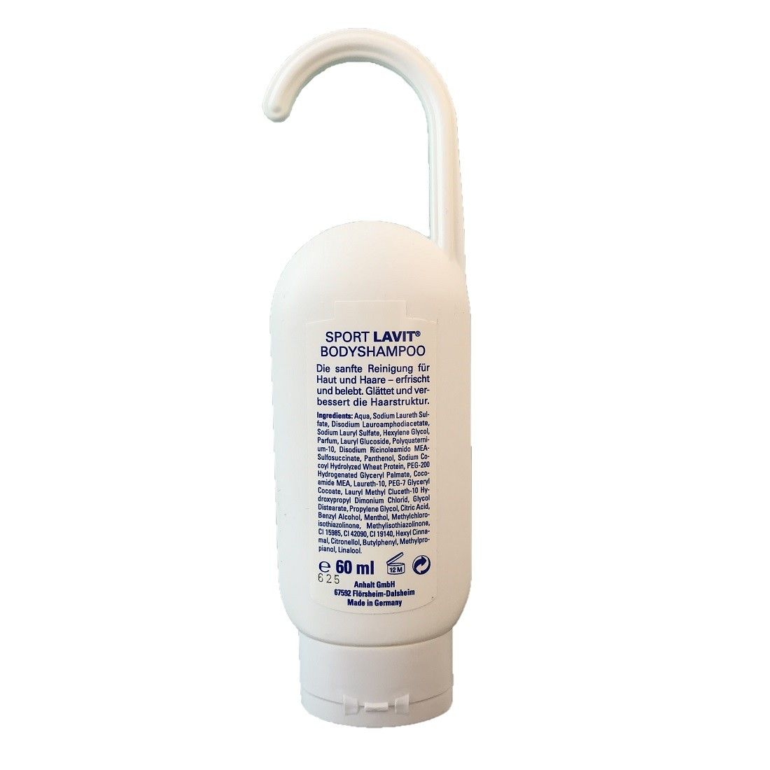 Weißes Sport Lavit Bodyshampoo mit Haken. Text: Bodyshampoo, 60 ml. Rückseite mit Text und Logos.