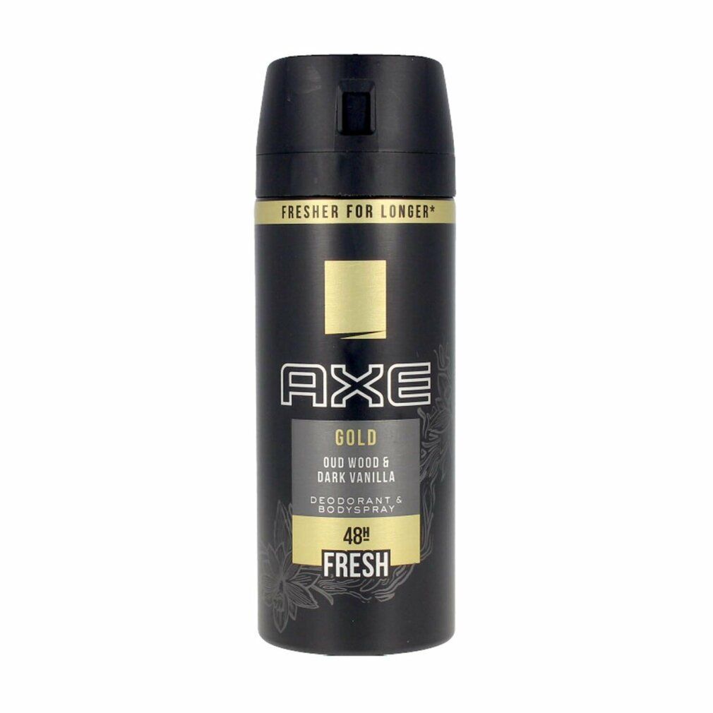 Schwarze Aerosoldose mit goldfarbenen Akzenten. Aufschrift: AXE GOLD, Oud Wood & Dark Vanilla, Deodorant & Bodyspray, 48h Fresh.