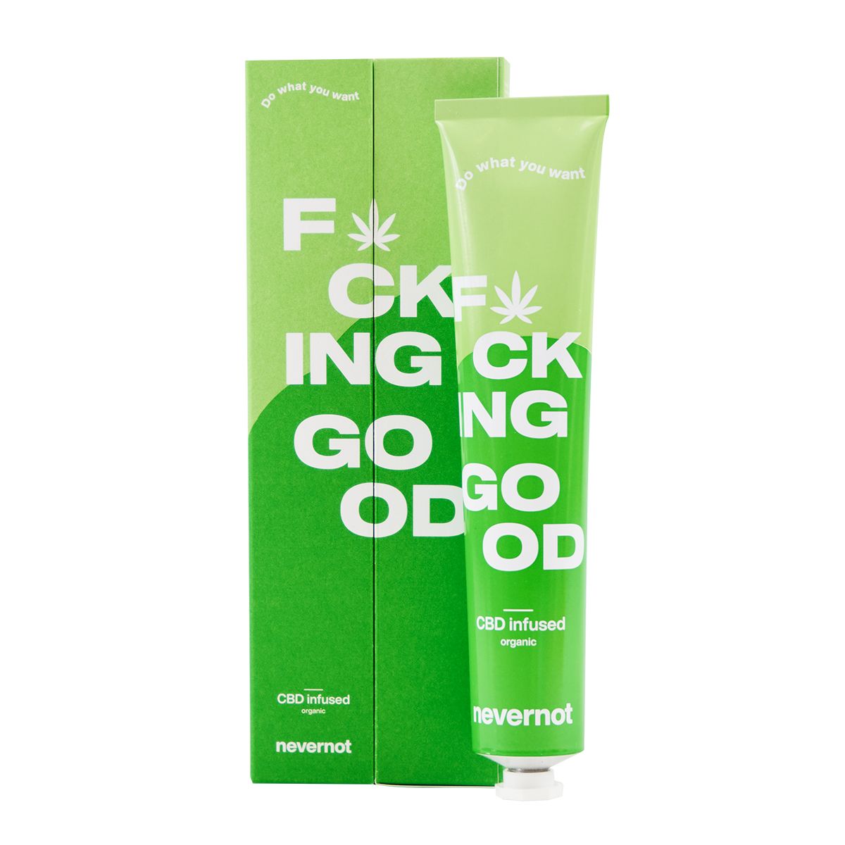 Grüne Tube und Schachtel mit weißem Text. Auf der Tube steht "F*CKING GOOD" und "CBD infused organic". Marke: nevernot.