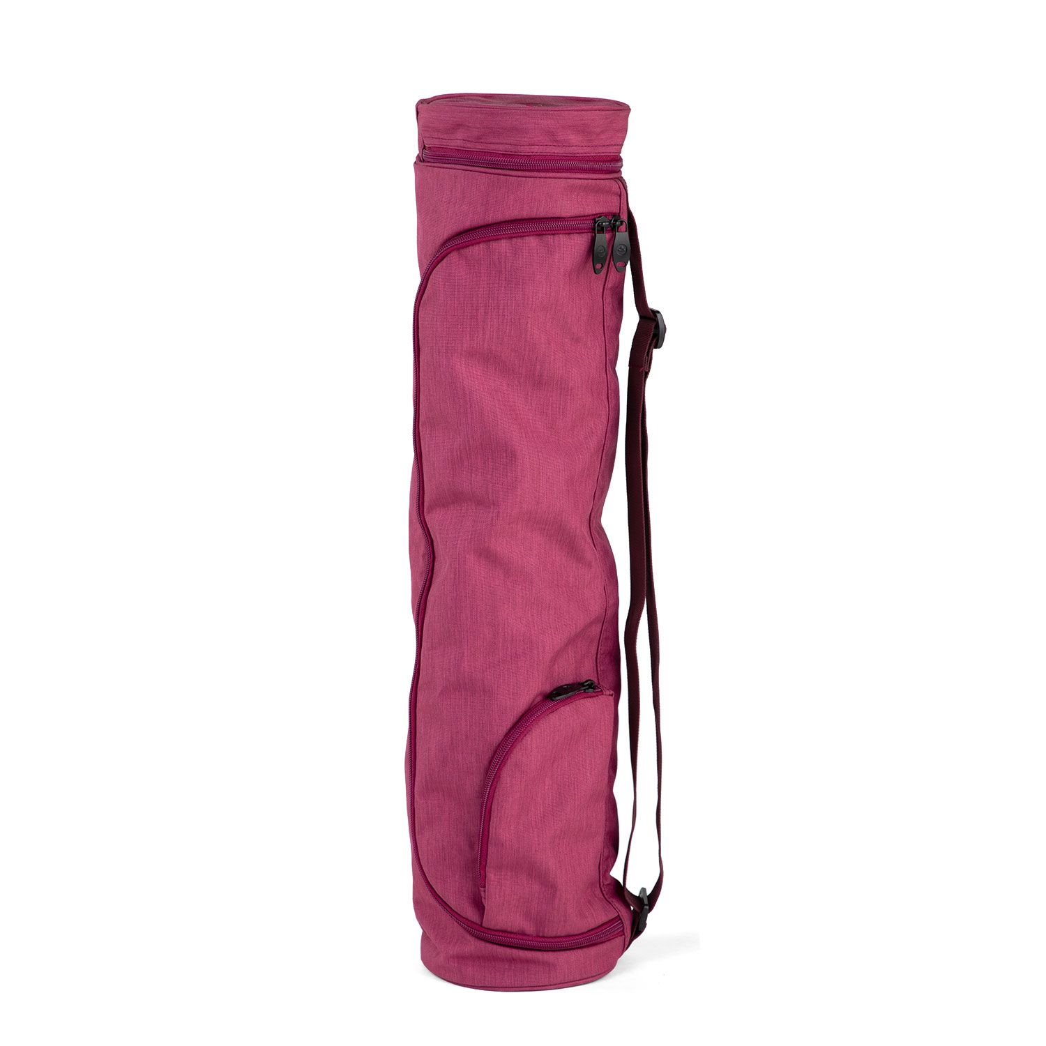 Auberginefarbene Yogamatten Tasche, vertikal, mit Reißverschluss und Schultergurt. Aus Polyester.