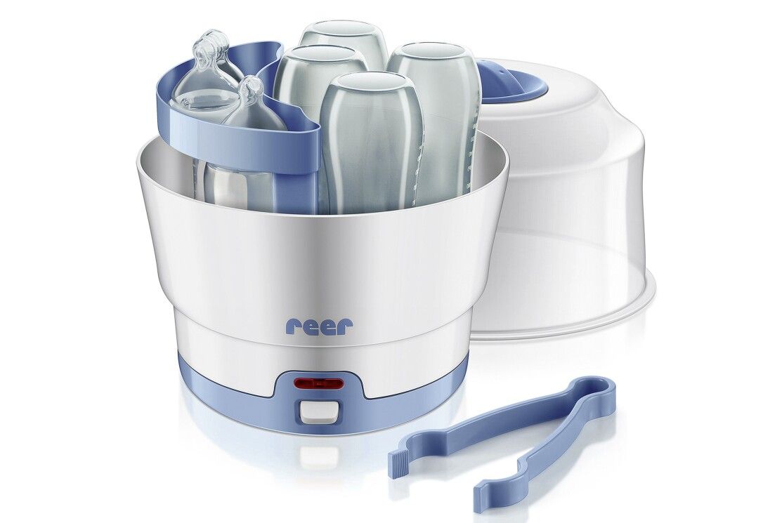 Vaporisator mit Flaschen, Deckel und Zange. Weiß-blau. Mit reer-Logo. Für bis zu 6 Flaschen.