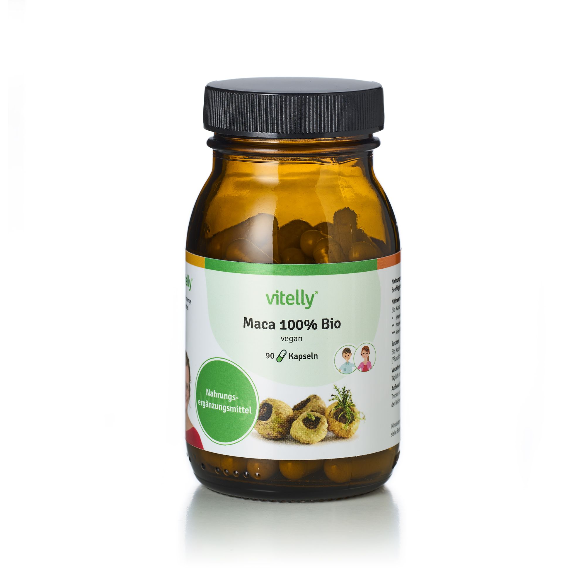 Braune Glasflasche mit schwarzen Deckel. Etikett mit "vitelly Maca 100% Bio" und "vegan". 90 Kapseln. Abbildung von Maca-Wurzeln.