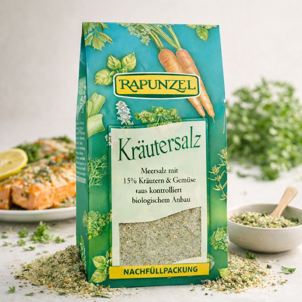 Rapunzel Kräutersalz Nachfüllpackung mit Meersalz, Kräutern und Gemüse aus biologischem Anbau.