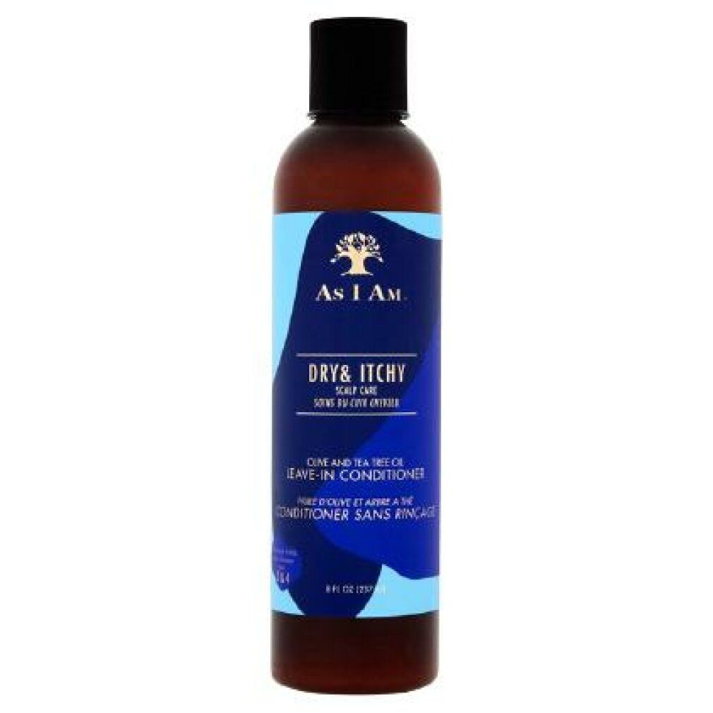 Braune Flasche mit schwarzem Deckel. Aufkleber mit Produktnamen und Logo: As I Am Dry & Itchy Leave-In Conditioner.