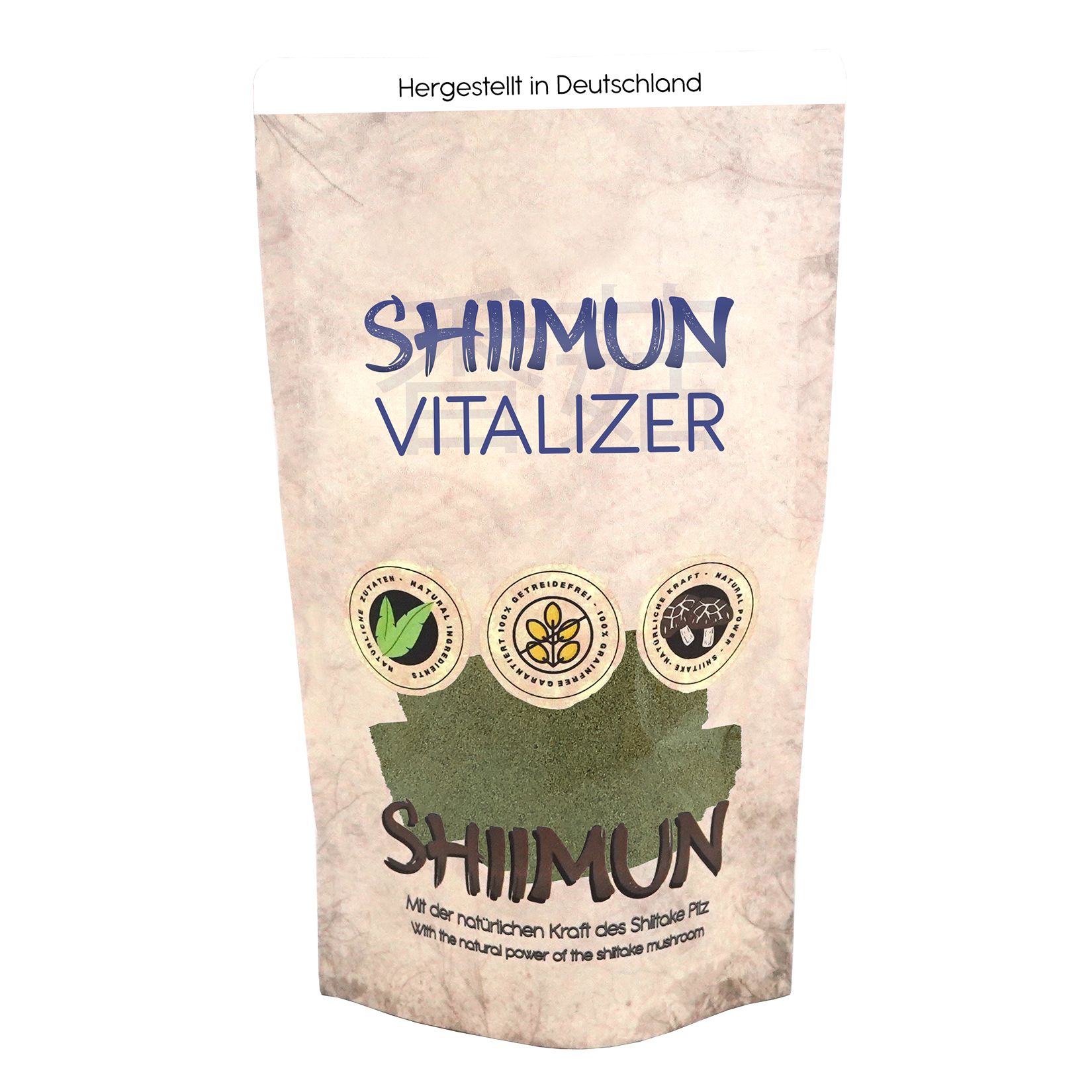 Beutel mit Shiimun Vitalizer Pulver. Grünliches Pulver, Logo und Siegel.