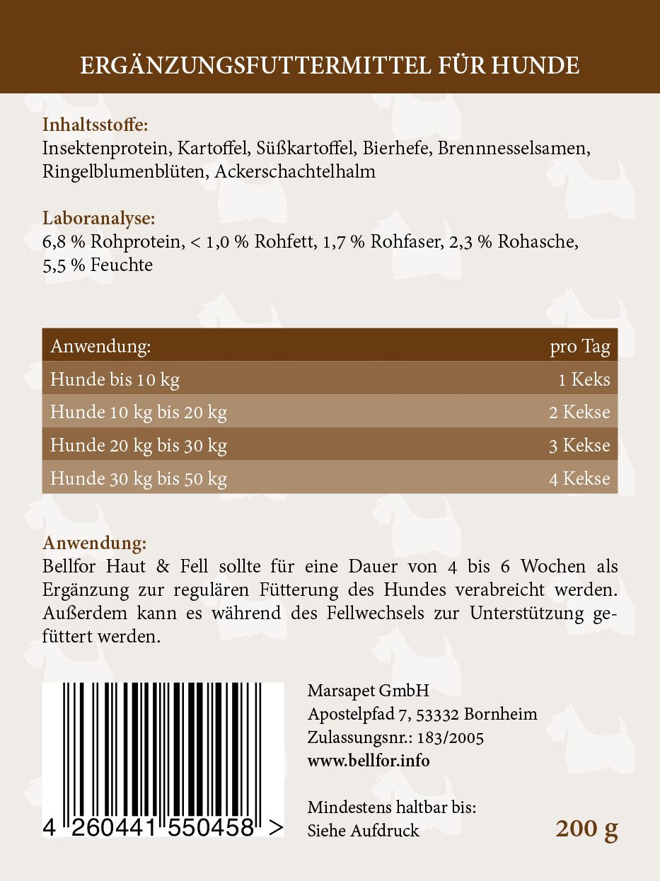 Rückseite der Produktverpackung. Textinformationen zu Inhaltsstoffen, Analyse und Anwendung. Barcode und Herstellerinformationen.