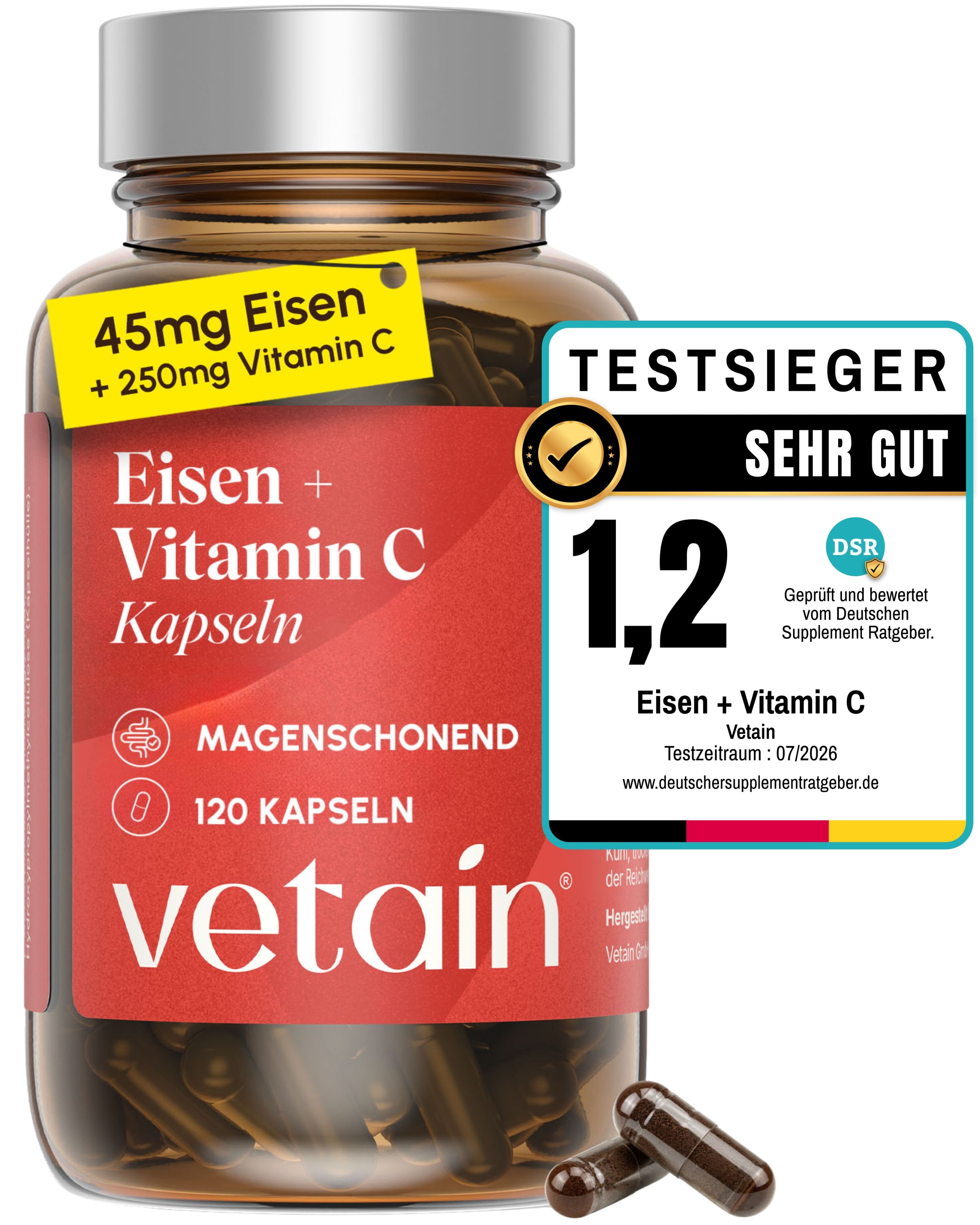 Flasche mit Eisen + Vitamin C Kapseln, Auszeichnung 'Testsieger Sehr Gut'.