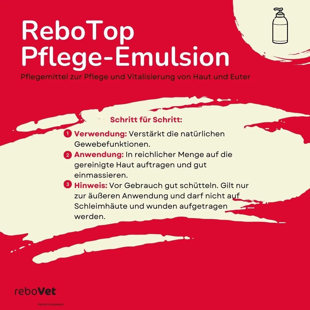 Rote Fläche mit Textanleitung für ReboTop Pflege-Emulsion, inklusive Anwendung und Hinweisen.