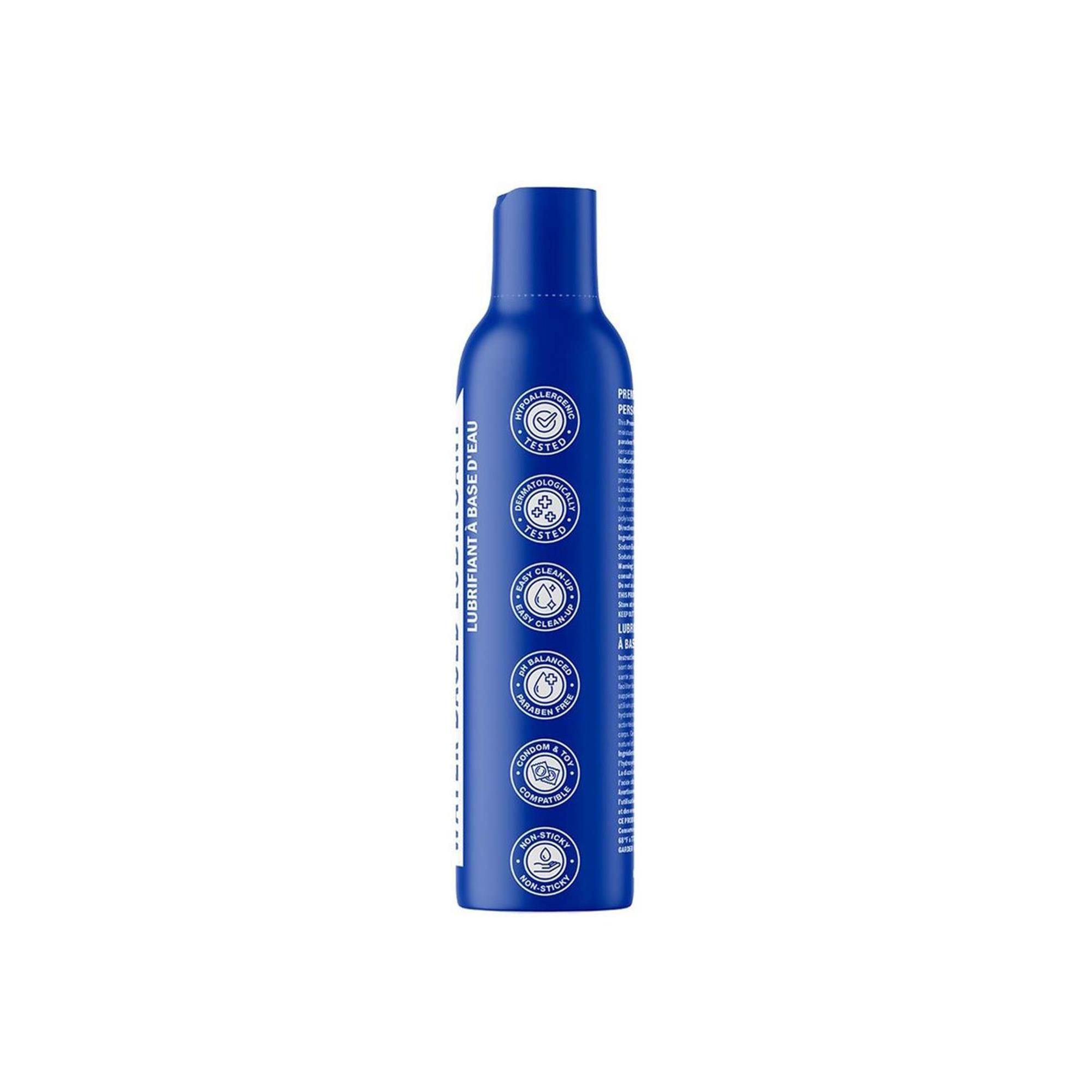 Blaue Flasche mit weißen Symbolen und Text. Aufschrift: Lubricant à base d'eau. Mehrere Symbole.