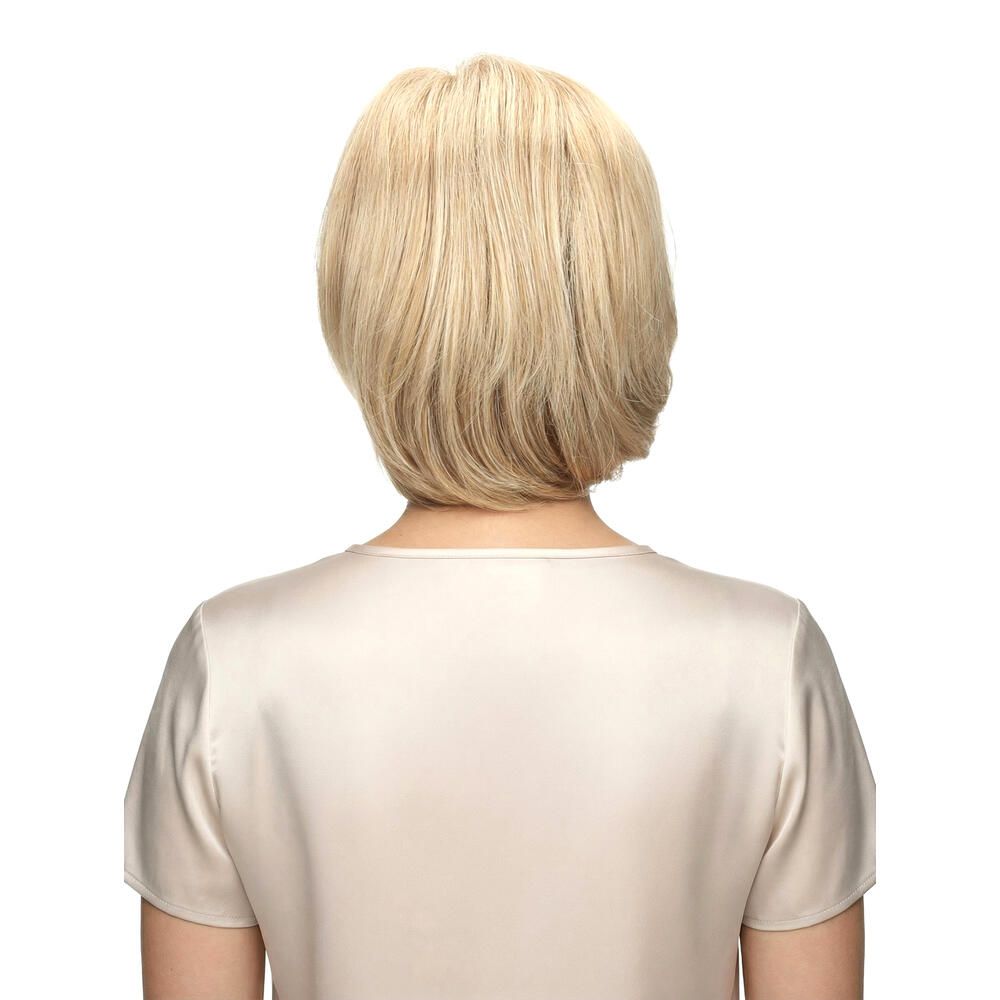 Rückansicht einer blonden Perücke mit kurzem, gewelltem Schnitt.