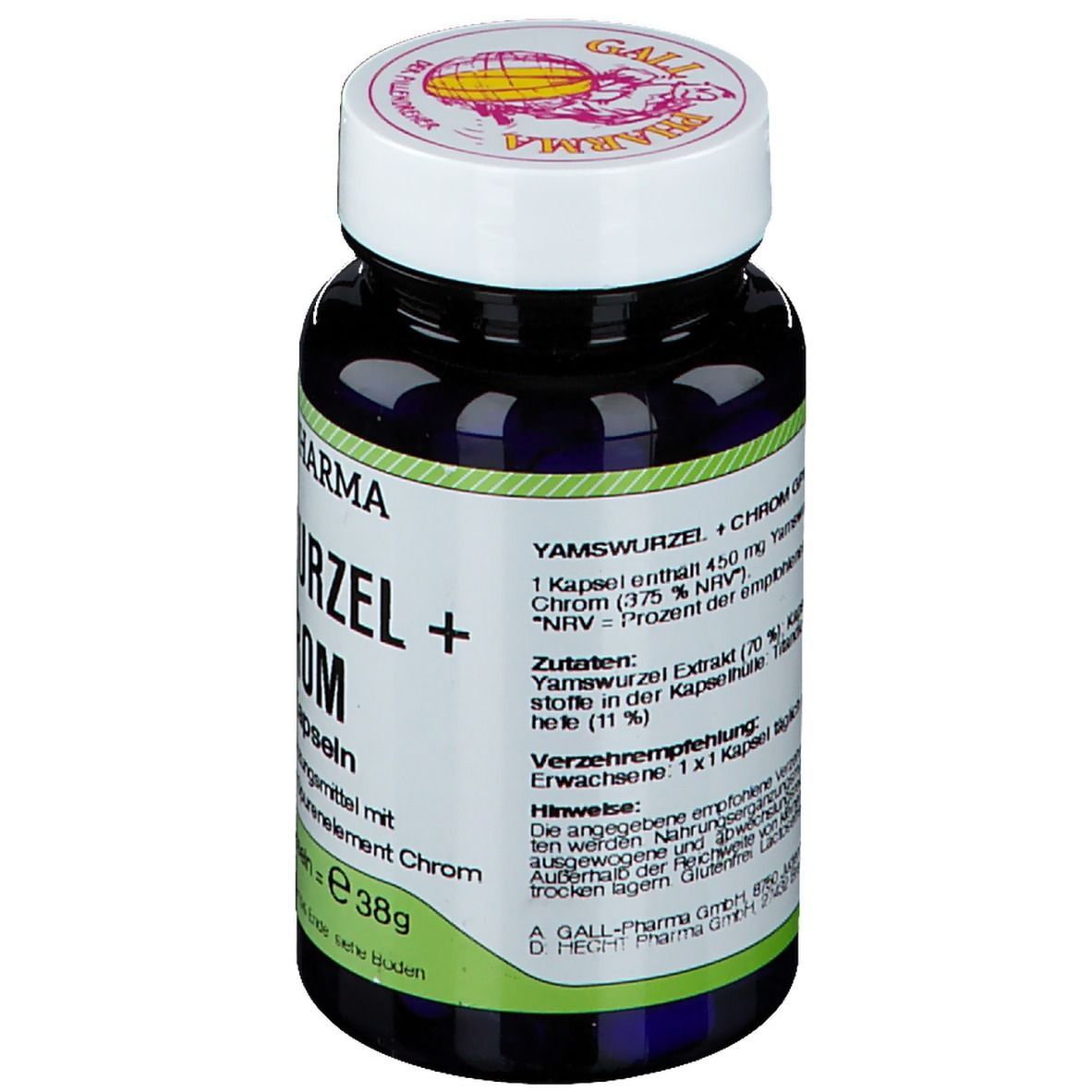Blaue Flasche mit weißem Deckel. Aufschrift: Yamswurzel + Chrom GPH Kapseln. Inhalt: 60 Kapseln. Hersteller: GALL-Pharma.