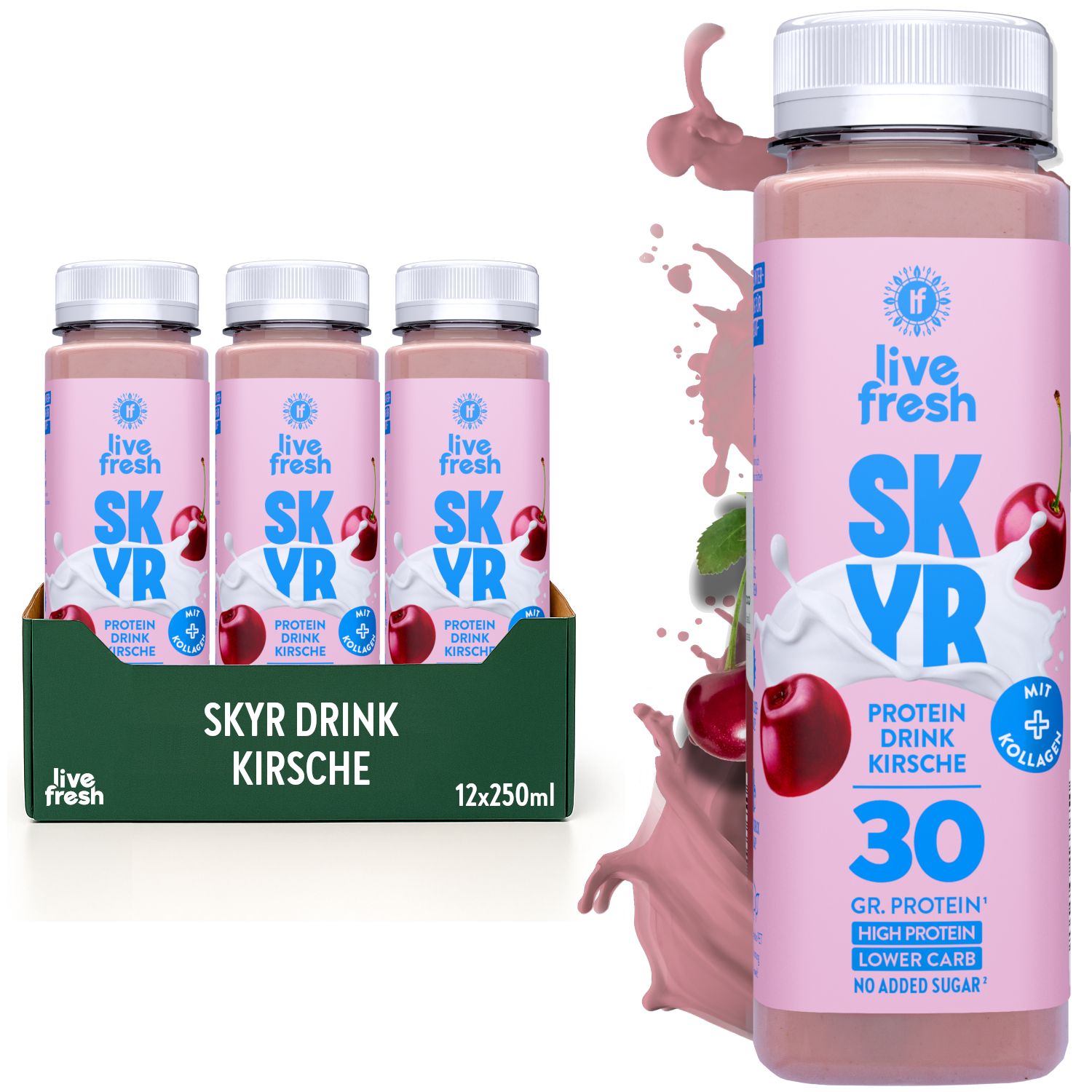 Drei Flaschen Skyr Drink Kirsche in einem Karton. Eine einzelne Flasche mit Kirschen und Milchspritzern. Aufschrift: SKYR, 30g Protein.