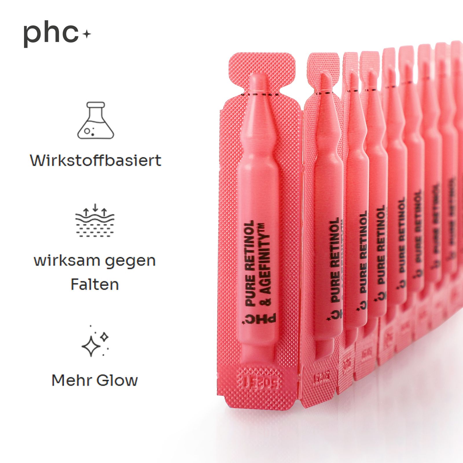 Reihe von rosa Ampullen. Text: Wirkstoffbasiert, wirksam gegen Falten, Mehr Glow. Logo: phc+.