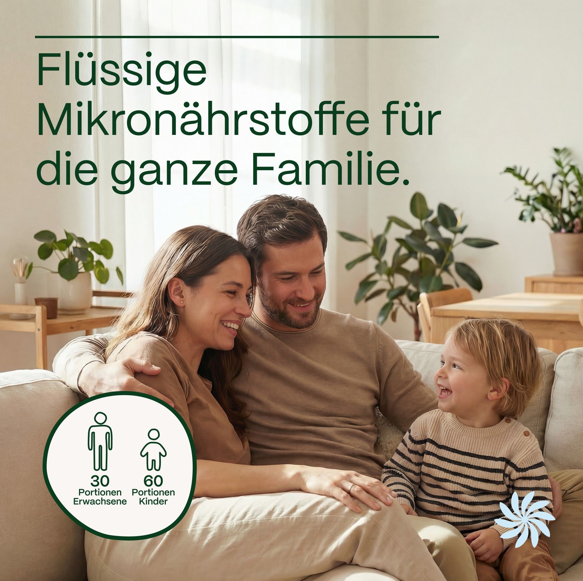 Familie auf dem Sofa. Text: Flüssige Mikronährstoffe für die ganze Familie.