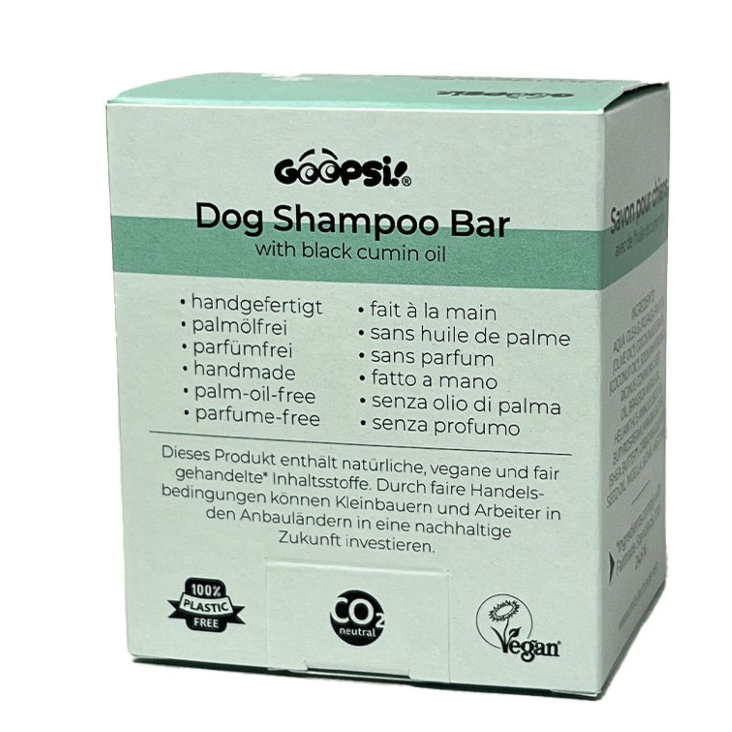 Verpackung für Goopsi Hundeshampoo-Riegel mit Schwarzkümmelöl. Handgefertigt, palmölfrei, vegan.