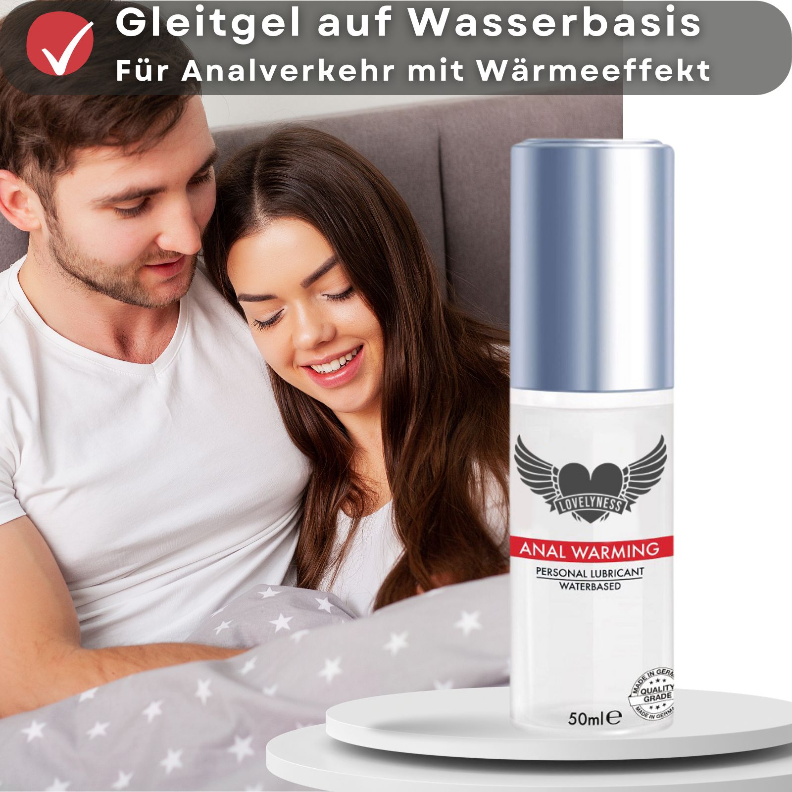 Gleitgel-Flasche mit roter Schrift. Text: Anal Warming, Personal Lubricant, Waterbased. Mit Flammen-Symbol.