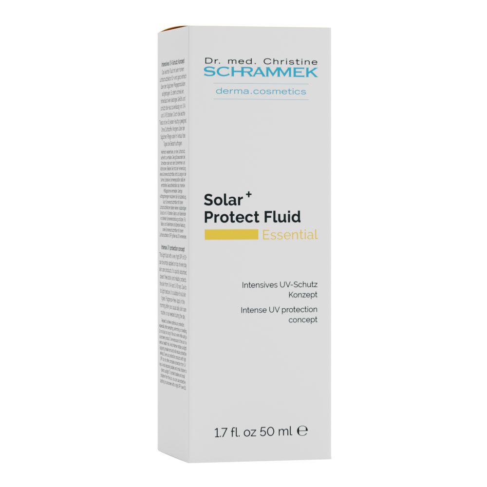 Weiße Verpackung mit Beschriftung: Dr. Schrammek, Solar+ Protect Fluid Essential. Text und SPF 50+.