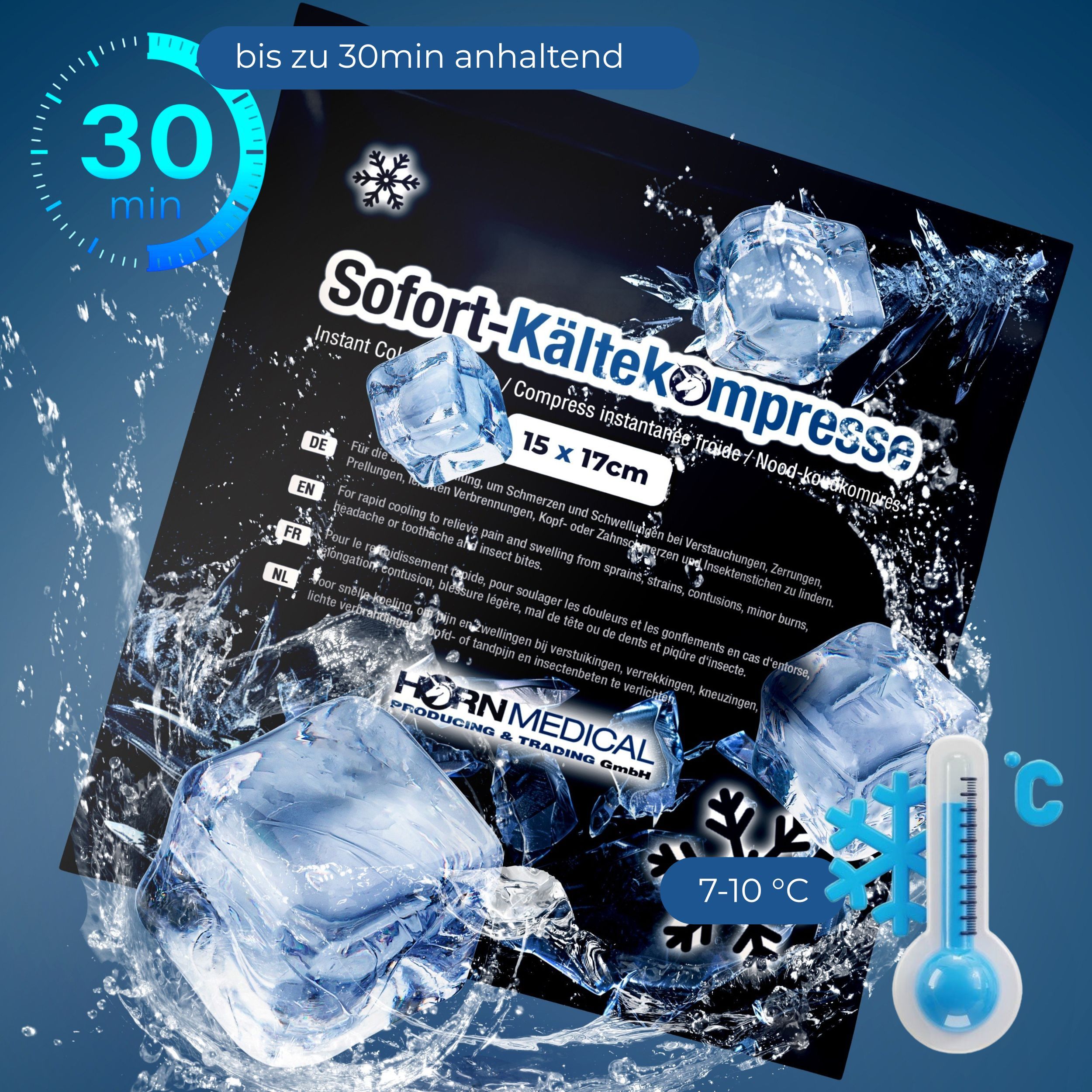 Sofort-Kältekompresse, 15 x 17cm, mit Eiswürfeln und Thermometer. Text: Sofort-Kältekompresse, Instant Cold Compress. Marke: HORN MEDICAL. Hält bis zu 30 Minuten.