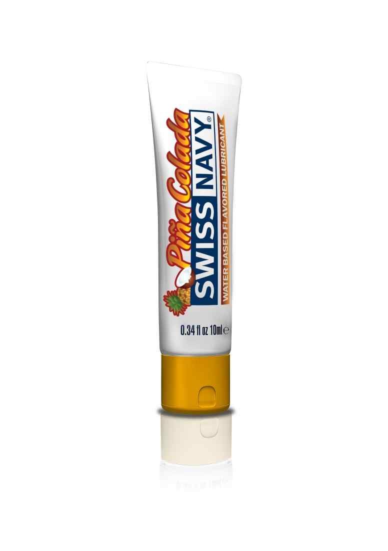 Tube mit weißem Hintergrund. Aufschrift: Pina Colada, Swiss Navy. Wasserbasiertes Gleitmittel. 0,34 fl oz 10 ml.