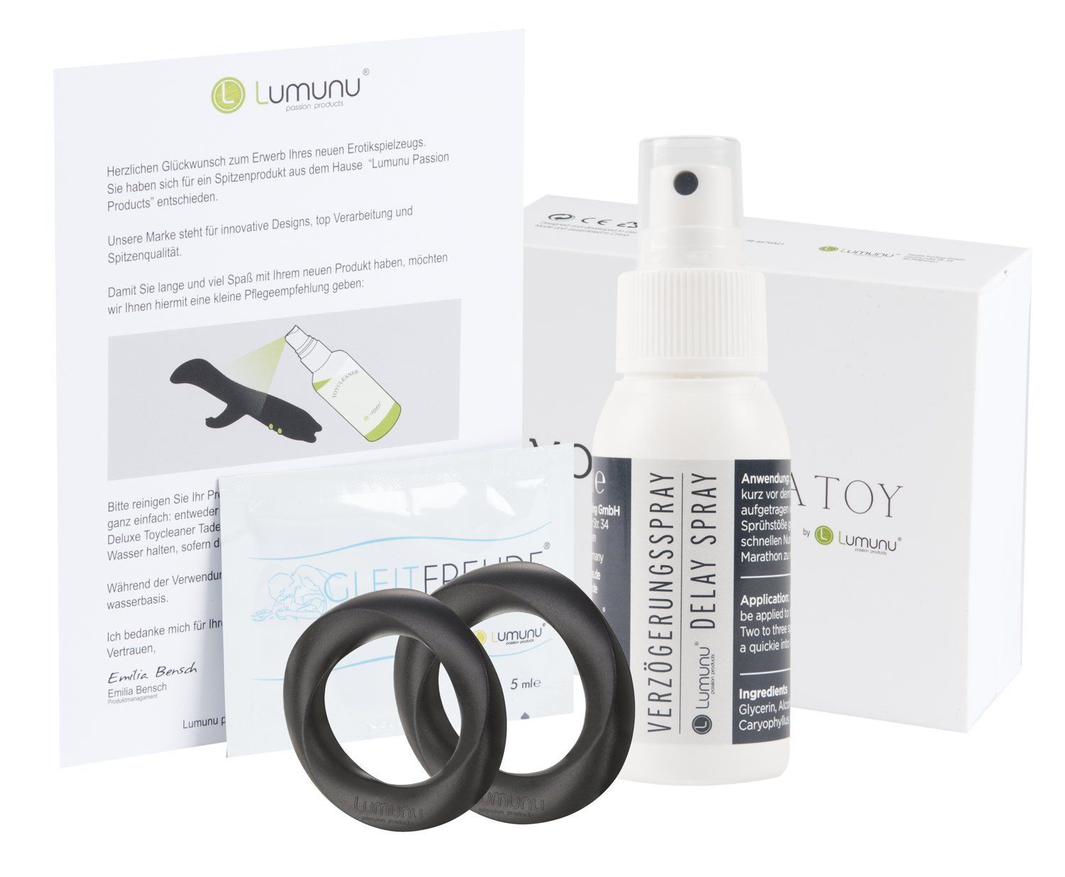 Produktset mit zwei Penisringen, Sprühflasche, Beipackzettel und Verpackung.