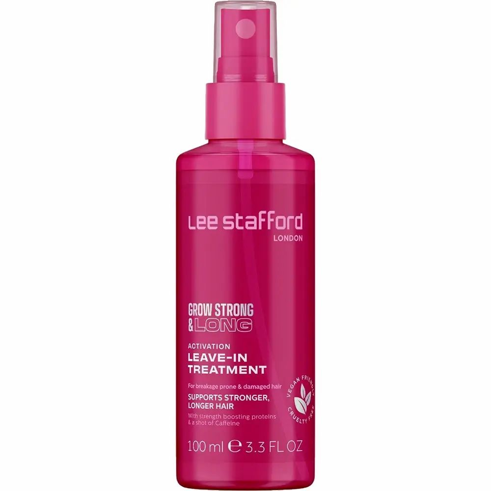 Rosa Haarspray-Flasche mit weißer Schrift. Aufschrift: Lee Stafford, Grow Strong & Long, Leave-In Treatment. Vegan-Siegel.