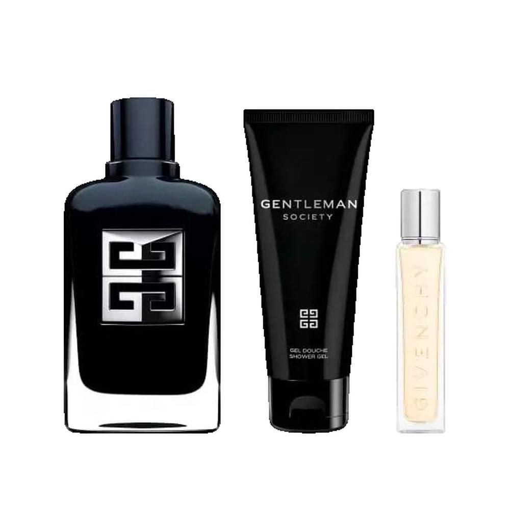 Schwarze Flasche, Duschgel und Zerstäuber. Aufschrift: GIVENCHY, GENTLEMAN SOCIETY. Schwarze Verpackung.