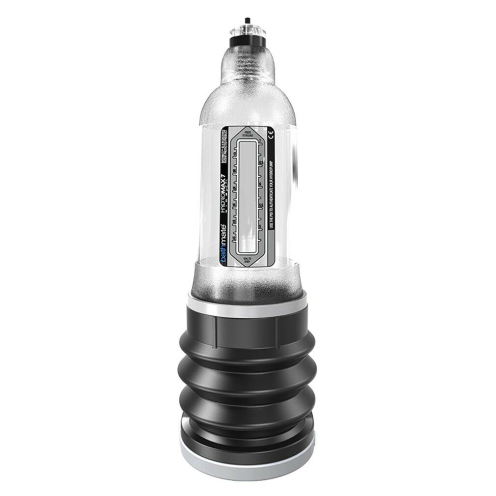 Klarer Zylinder mit schwarzem, geriffeltem Unterteil. Auf dem Zylinder: Hydromax7.