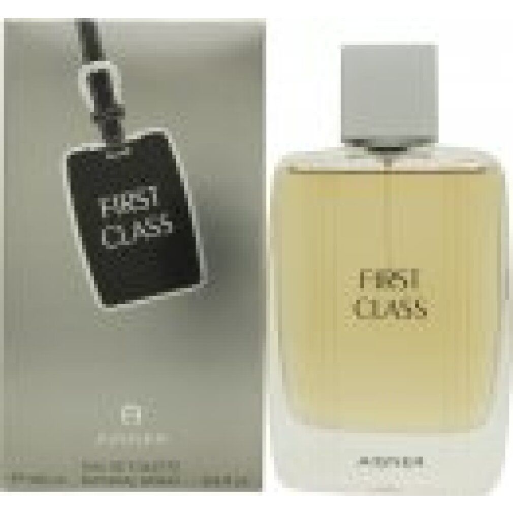 Parfümflasche und Schachtel. Aufschrift "FIRST CLASS" und "AIGNER". Flasche mit hellem Inhalt. Schachtel mit Etikett.