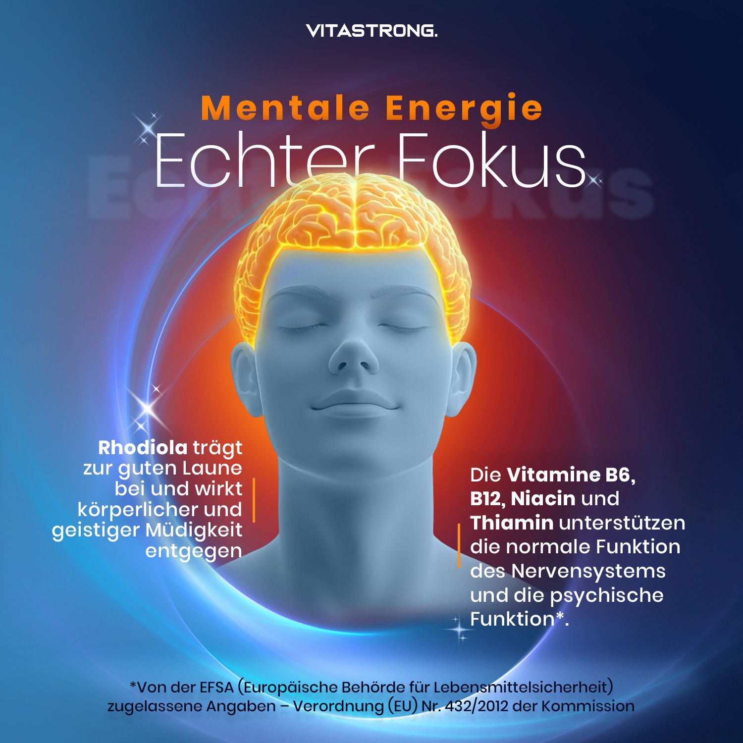 Vitastrong-Anzeige. Kopf mit leuchtendem Gehirn. Text: Energie, Fokus. Rhodiola und Vitamine B. Für Nervensystem und psychische Funktion.