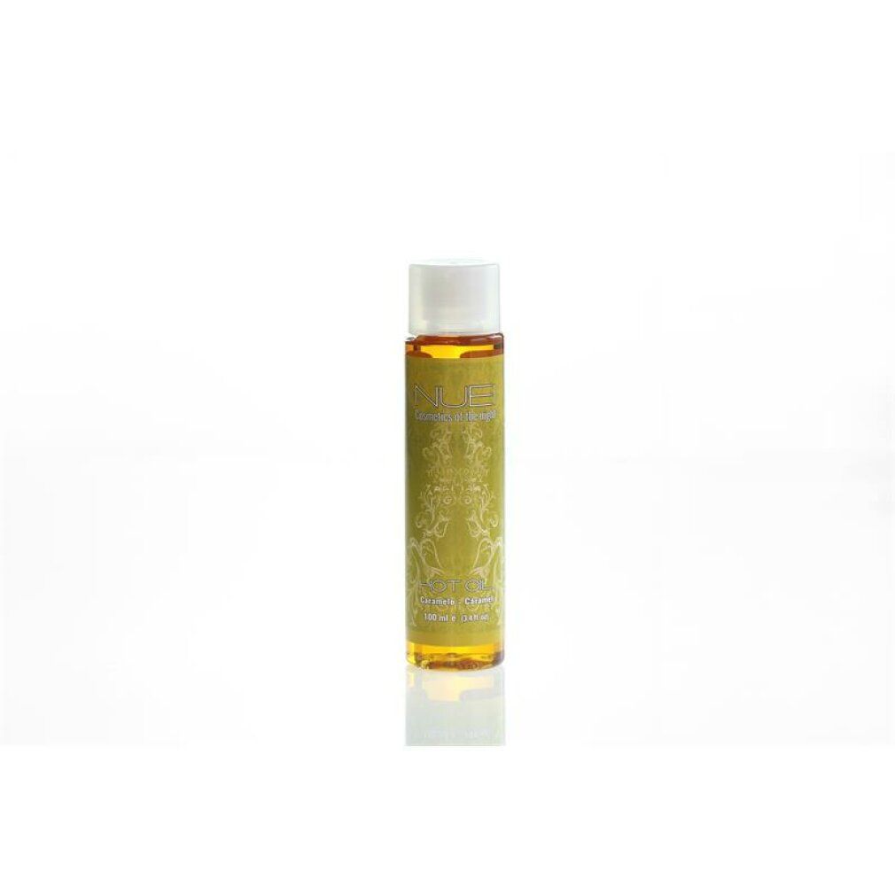 Flasche mit gelbem Öl. Aufschrift "Hot Oil" und "Caramelo Caramel". Weiße Kappe. Marke NUEI Cosmetics.