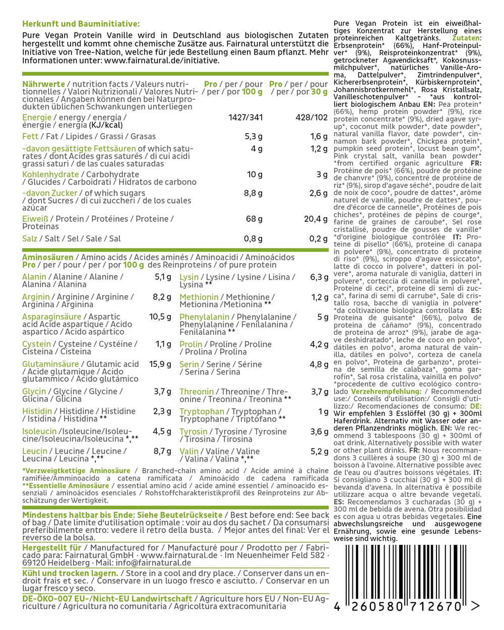 Nährwertangaben und Zutatenliste für FAIRNATURAL Bio Vegan Protein Pulver Vanille.