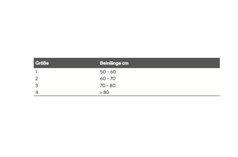 Tabelle mit Größenangaben für die Beinlaenge in cm. Größen 1-4. Grauer Hintergrund mit weißer Schrift.