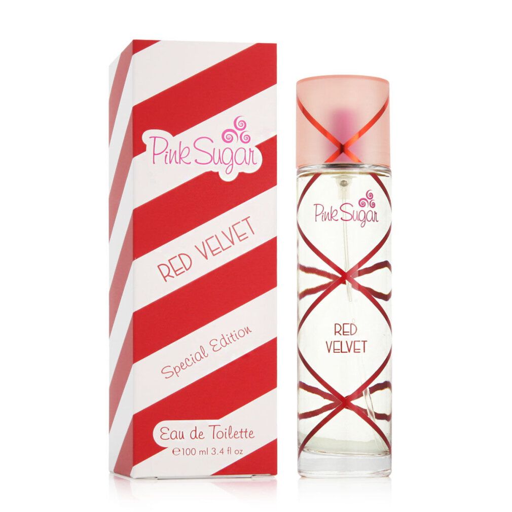 Parfümflasche und Verpackung. Aufschrift: Pink Sugar Red Velvet, Special Edition, Eau de Toilette.